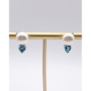Sterling Silver 925 Pearl & Aquamarine Heart Earrings TIL China Romantic Jewelry